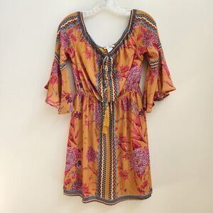 Jealous Tomato Mustard Pink Floral Bell Sleeve Elastic Waist Tunic Small Womens